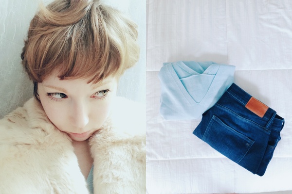 photo of my current favorite outfit of a blue sweater and blue denim
