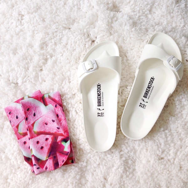 white Birkenstock sandals and pink Watermelon socks from Target stores