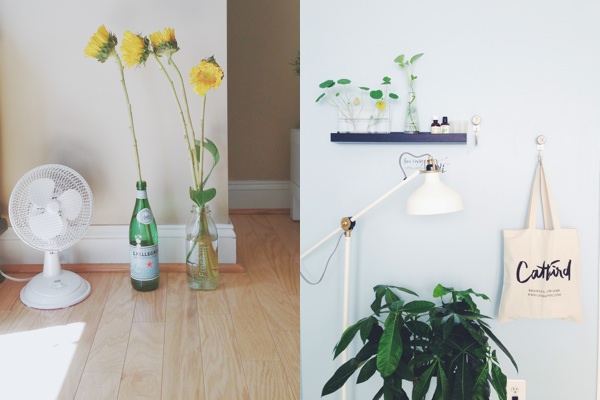 photos of the living room and bedroom both yellowed from summer sun streaming through the windows